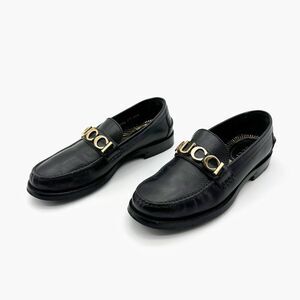GUCCI Cara Signature Letters Logo Black Loafers Size 37.5 Leather Flat Shoes